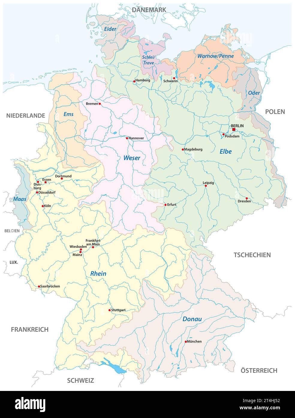 Detaillierte Karte der Wassereinzugsgebiete in Deutschland, in deutscher Sprache Stockfoto