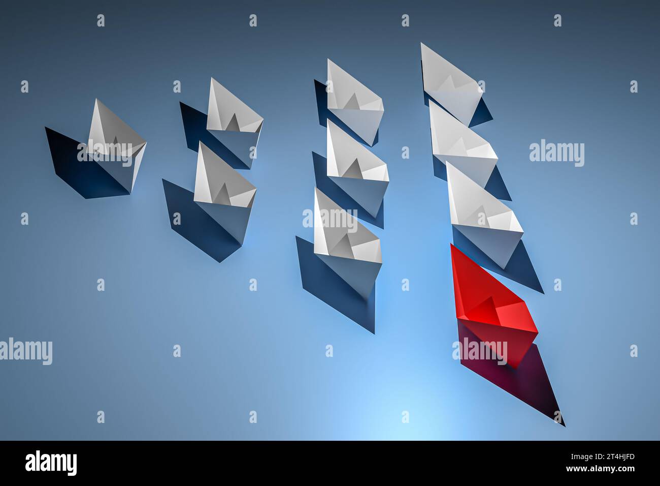 Das rote Papierboot führt eine Flotte weißer Schiffe an, die Führungsstärke und Teamarbeit symbolisieren. Darstellung von Fortschritt, Einheit und Erfolg im Unternehmen. 3D-Renderin Stockfoto