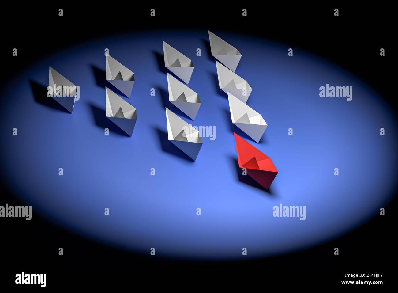 Das rote Papierboot führt eine Flotte weißer Schiffe an, die Führungsstärke und Teamarbeit symbolisieren. Darstellung von Fortschritt, Einheit und Erfolg im Unternehmen. 3D-Renderin Stockfoto