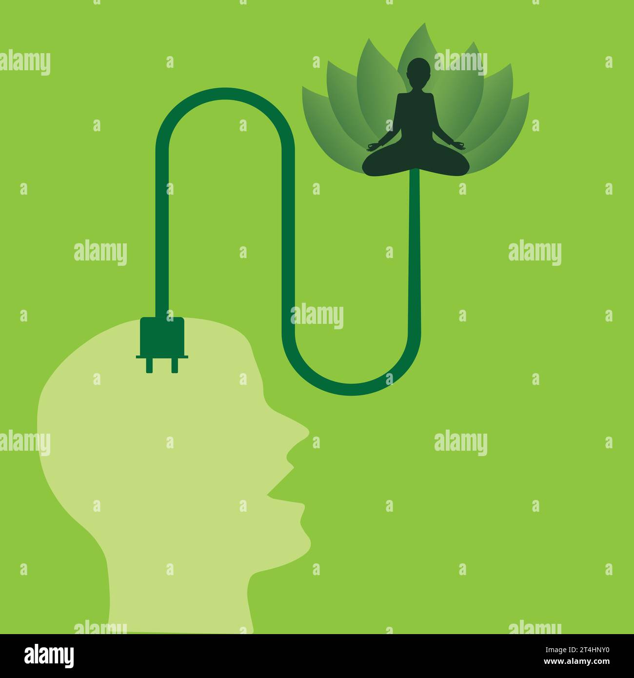 Menschlicher Kopf mit elektrischem Stecker, an einem Ende eine Person, die in Lotusposition meditiert Stock Vektor