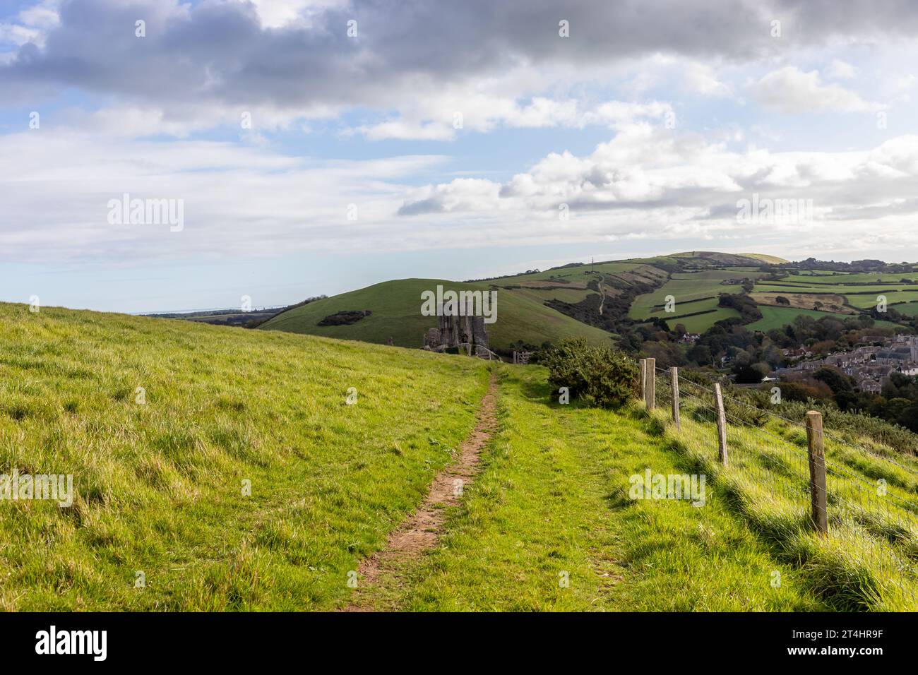 Ein Wanderweg auf einem Hügel mit Blick auf Corfe Castle in Dorset, England, Großbritannien Stockfoto