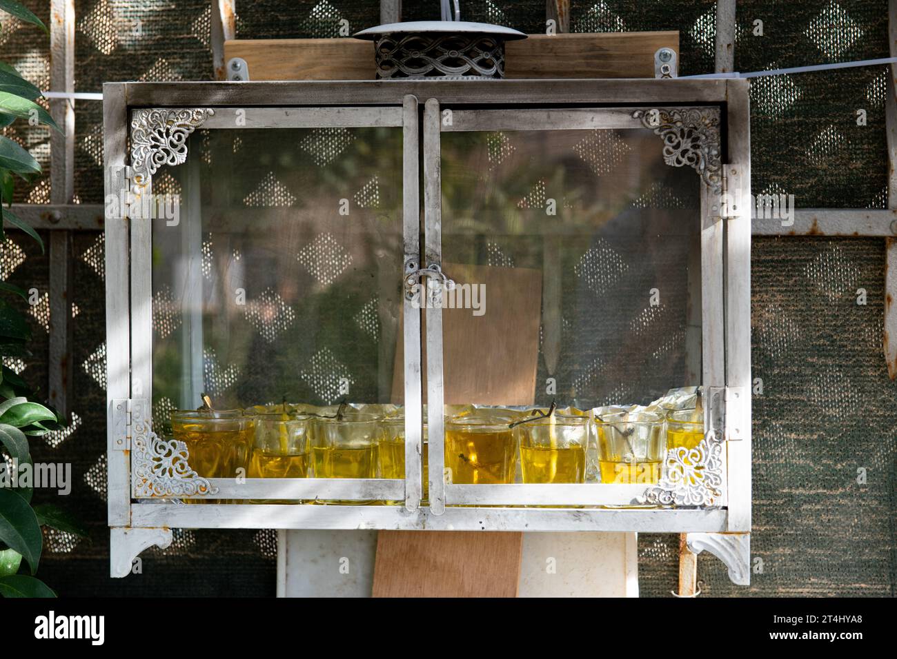Eine für Israel typische Hanukkah-Menora mit einem speziellen Glasgehäuse zum Schutz des brennenden Öls vor Wind und Regen während des 8-Tage-Juden Stockfoto