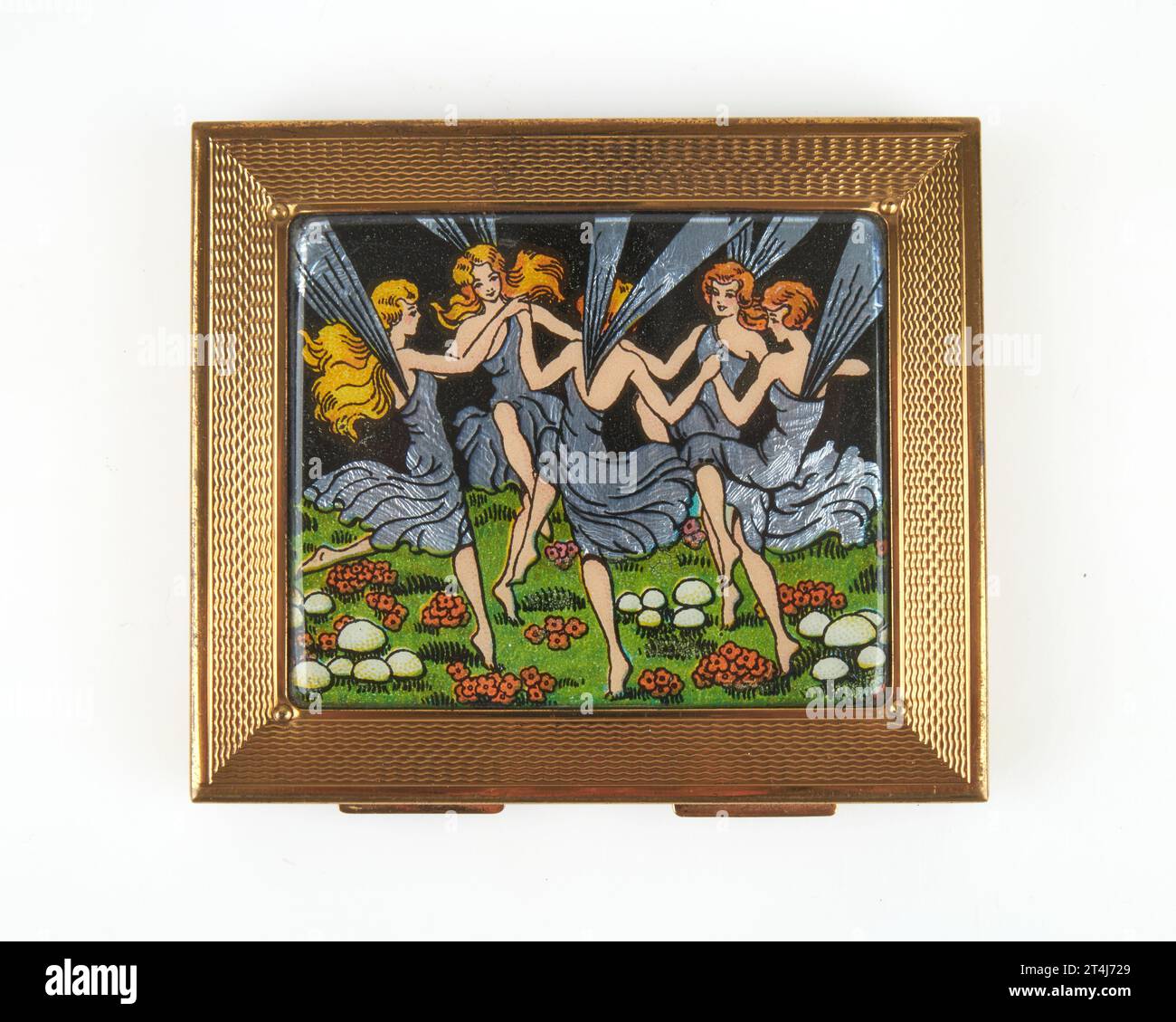 Vintage 1950er Jahre tanzende Feen vergoldetes Metall Zigarettenkartenetui Stockfoto