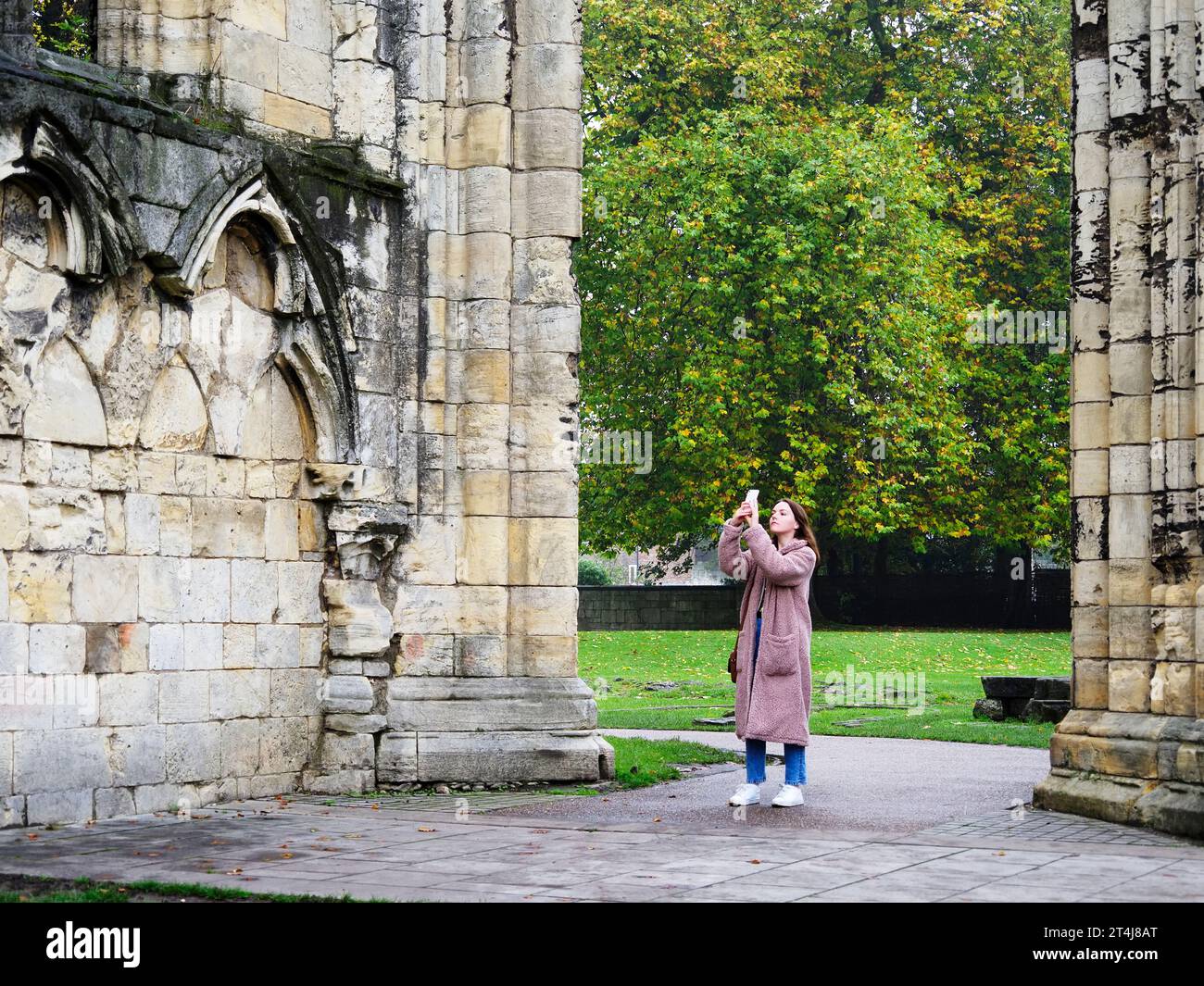 Junge Frau, die an einem Herbsttag in den Museum Gardens in York Yorkshire, England fotografiert Stockfoto