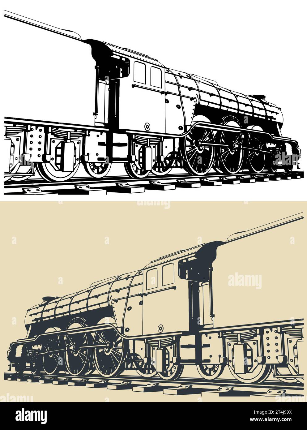 Stilisierte Vektordarstellung von Zeichnungen der Dampflokomotive Stock Vektor