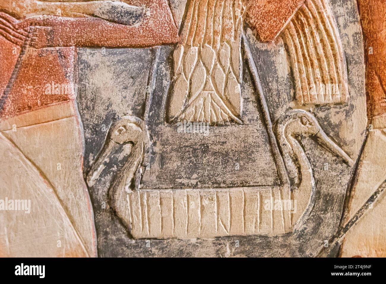 Ägypten, Sakkara, Grab von Mehu, Detail der Opferprozession: Vögel, in einer Tasche. Stockfoto