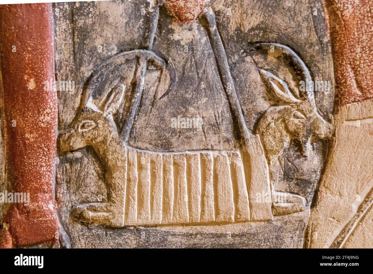 Ägypten, Sakkara, Grab von Mehu, Detail der Opferprozession: Oryx und Steinbock, in einer Tasche. Stockfoto