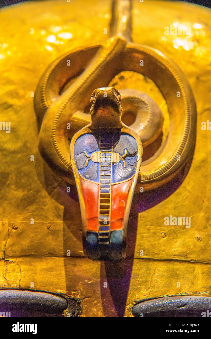 Ägypten, Kairo, Ägyptisches Museum, Grab des Königs Amenemope, Tanis: Uraues, auf dem oberen Teil des vergoldeten Holzsargs. Stockfoto