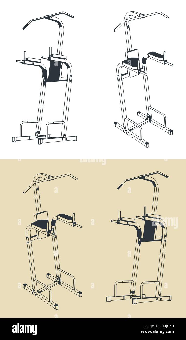 Stilisierte Vektor-Illustration eines Trainingsgeräts. Querstange, horizontaler Balken und parallele Balken Stock Vektor