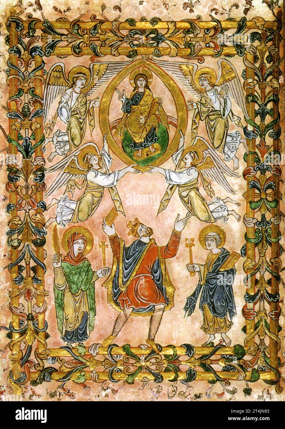 König Edgar (ca. 944-975). Frontispiece der Winchester New Minster Charter von 966, der einzigen beleuchteten Charta und der einzigen Handschrift, die vollständig in Gold geschrieben wurde und aus dem angelsächsischen England überlebt wurde. Edgar wird von der Jungfrau Maria und dem Heiligen Peter flankiert, und er bietet die Charta Christus an, der oben thront, umgeben von vier geflügelten Engeln (Wikipedia) Stockfoto
