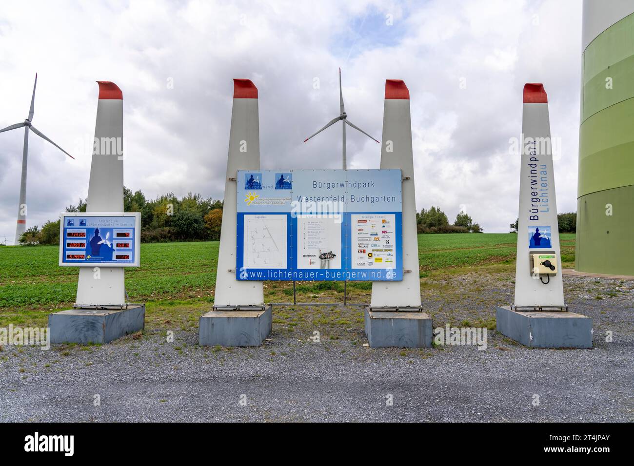 Bürgerwindpark Westernfeld-Buchgarten, bei Lichtenau, 11 Windenergieanlagen, Energieeffizienzanzeige, genossenschaftlich organisiert und finanziert, Gewinne flo Stockfoto