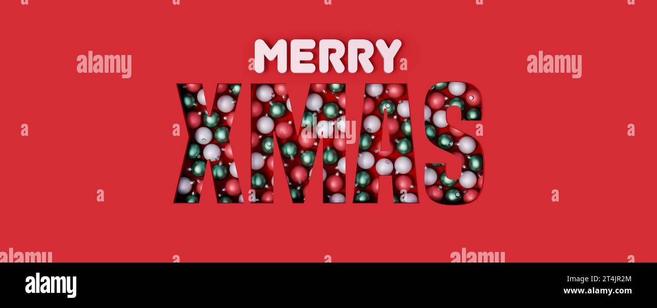 Merry Xmas Text auf rotem Hintergrund geschnitten und mit bunten Weihnachtskugeln gefüllt 3D-Rendering 3D-Illustration Stockfoto
