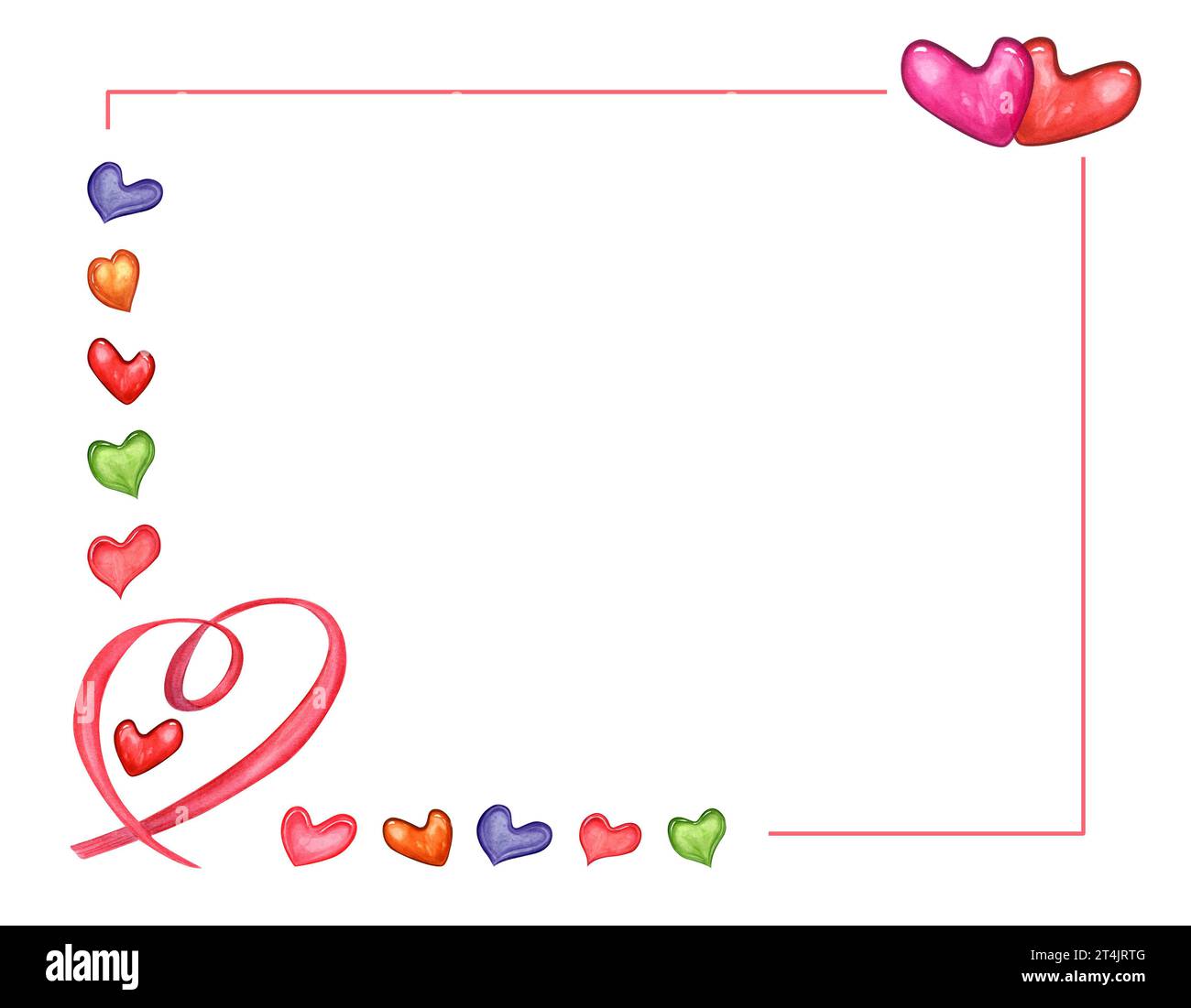 Horizontaler Rahmen mit farbigen Herzen, rosa Schleife. Herzen in verschiedenen Formen und Farben. Kopierbereich für Text. Aquarellillustration für Muttertag, V Stockfoto