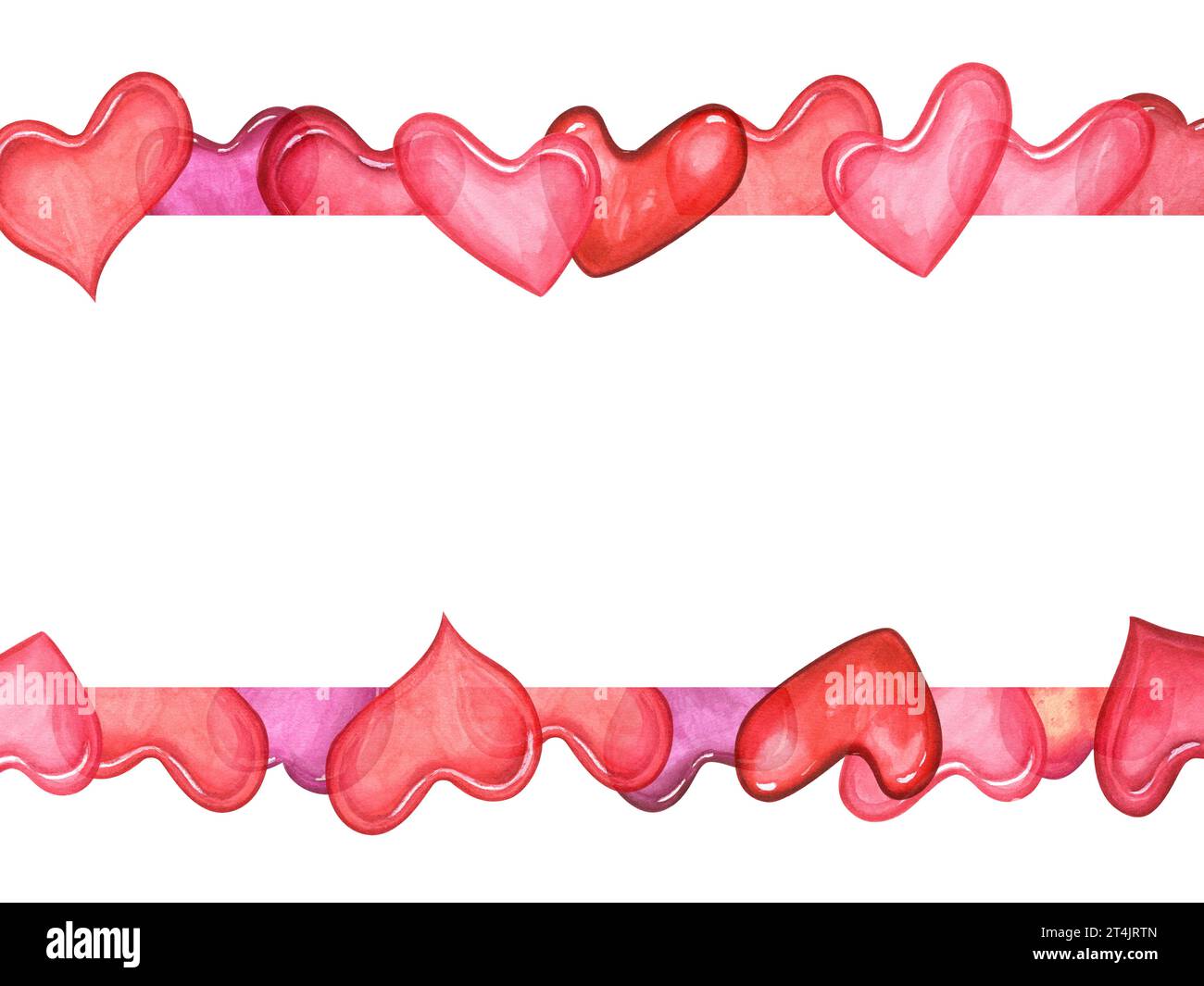 Transparente rosa Herzen. Horizontaler Rahmen mit Kopierraum für Text. Symbol romantischer Feiertage. Herzen verschiedener Formen. Handgezeichnete Abbildung Stockfoto