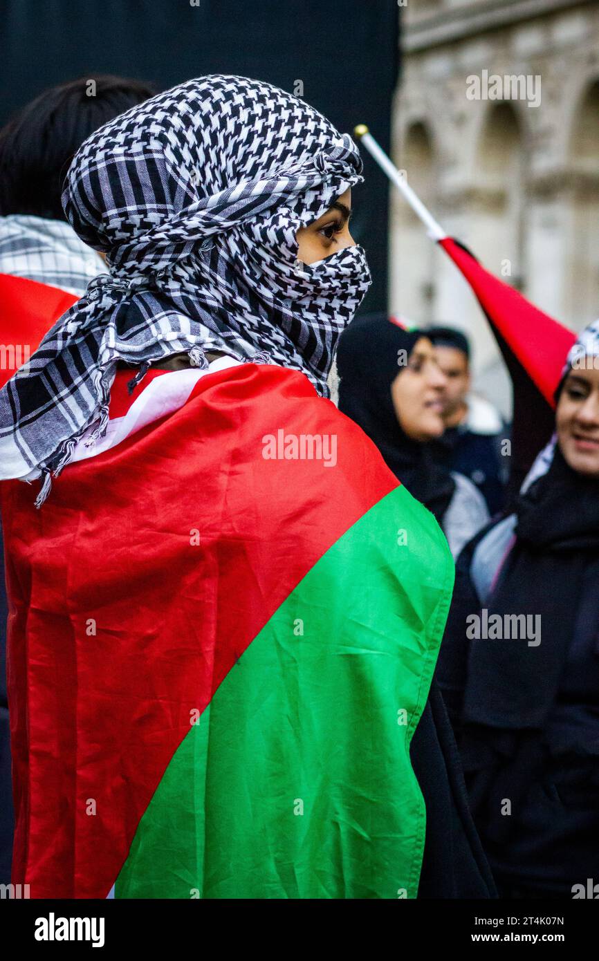 Israel-Gaza-Krieg. Ein pro-palästinensischer Demonstrant mit der Flagge Palästinas während eines Protests in London am 14. Oktober 2023. Stockfoto