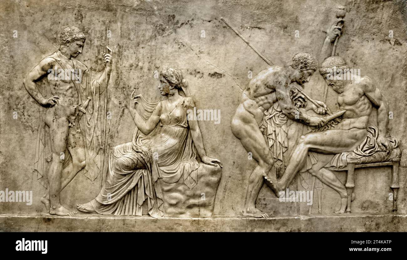 Relief mit dem Mythos von Telephus aus dem Herculeum-Haus des Telephus (1. Jahrhundert v. Chr.) nationales Archäologisches Museum von Neapel Italien. Stockfoto