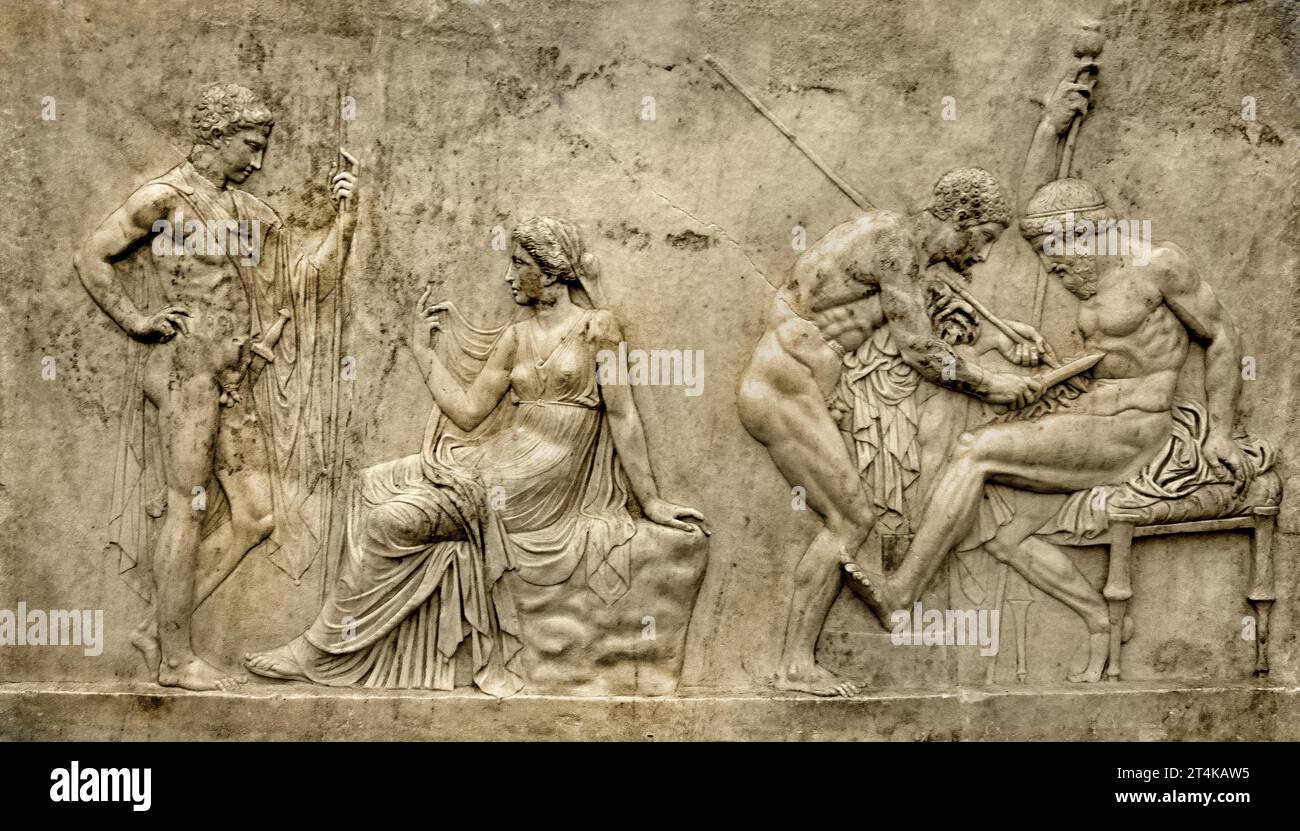 Relief mit dem Mythos von Telephus aus dem Herculeum-Haus des Telephus (1. Jahrhundert v. Chr.) nationales Archäologisches Museum von Neapel Italien. Stockfoto
