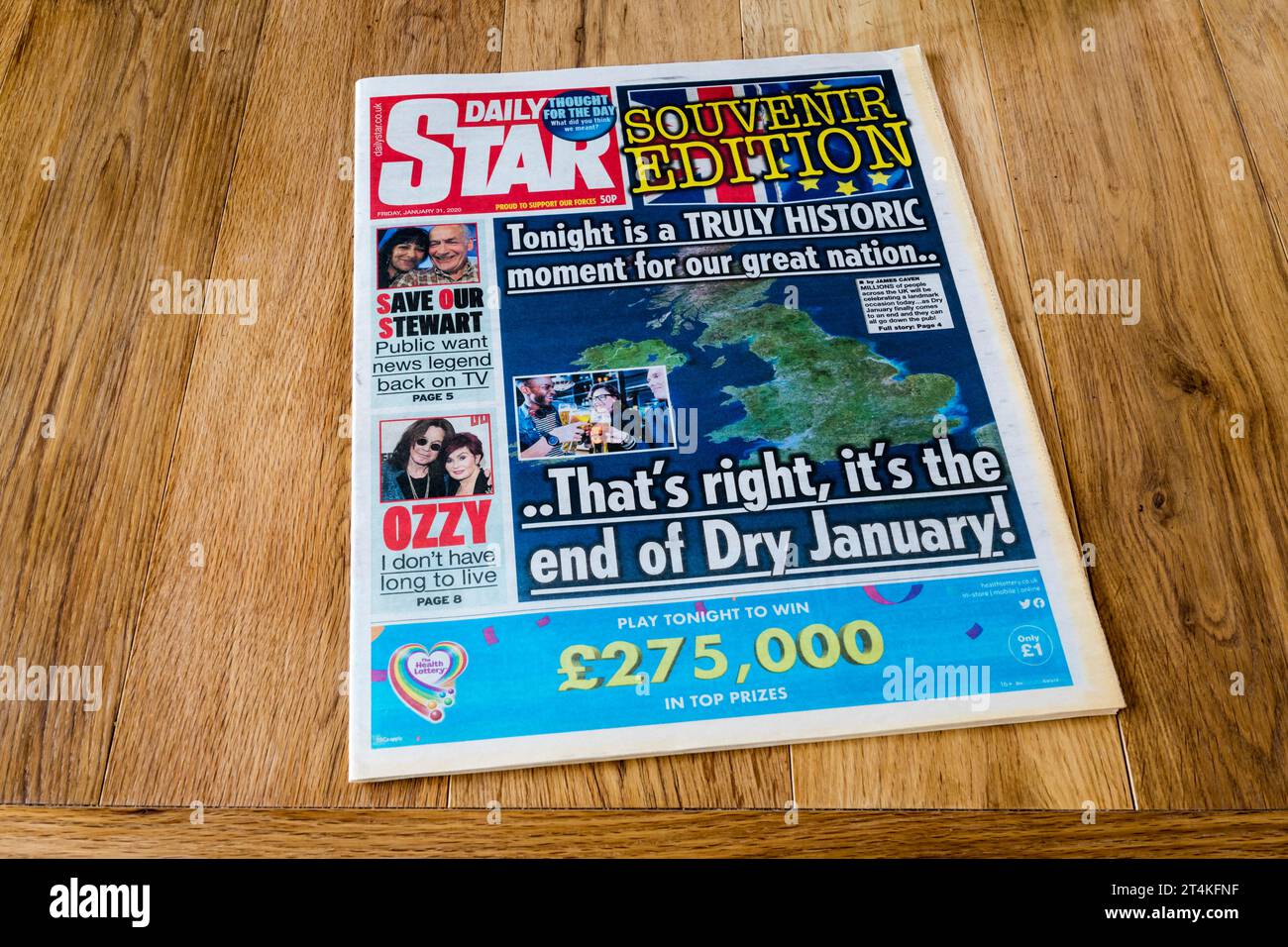 31. Januar 2020. Die Titelseite des Daily Star am Tag des Austritts Großbritanniens aus der EU. Stockfoto