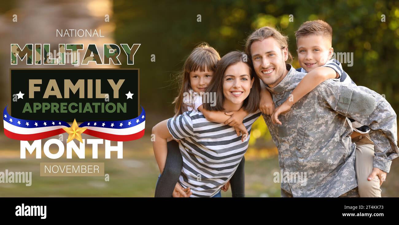 Glücklicher Soldat mit Familie draußen. Nationale Militärangehörige – Monat November Stockfoto