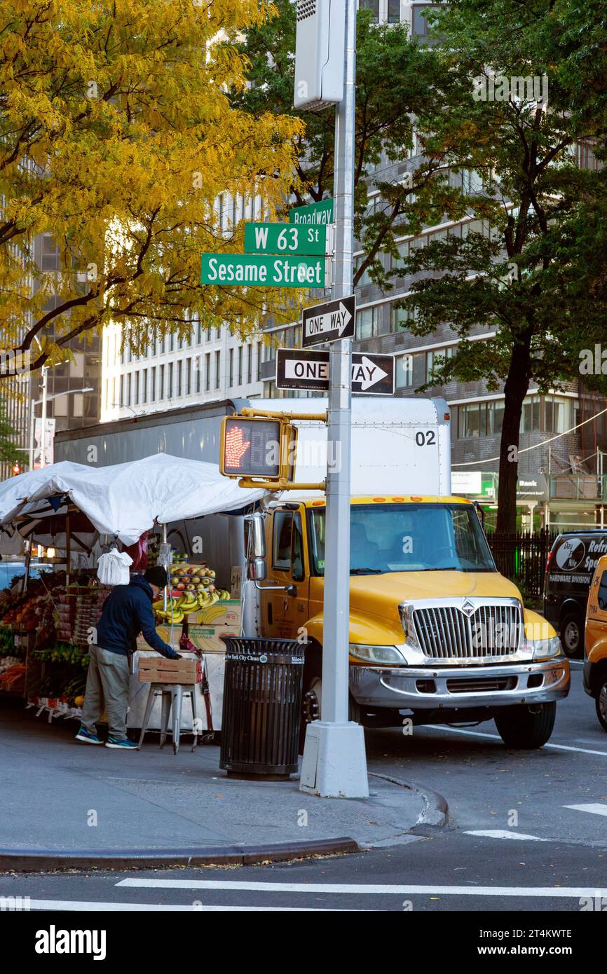 Sesame Street, W63rd Street, New York City, Vereinigte Staaten von Amerika. Stockfoto