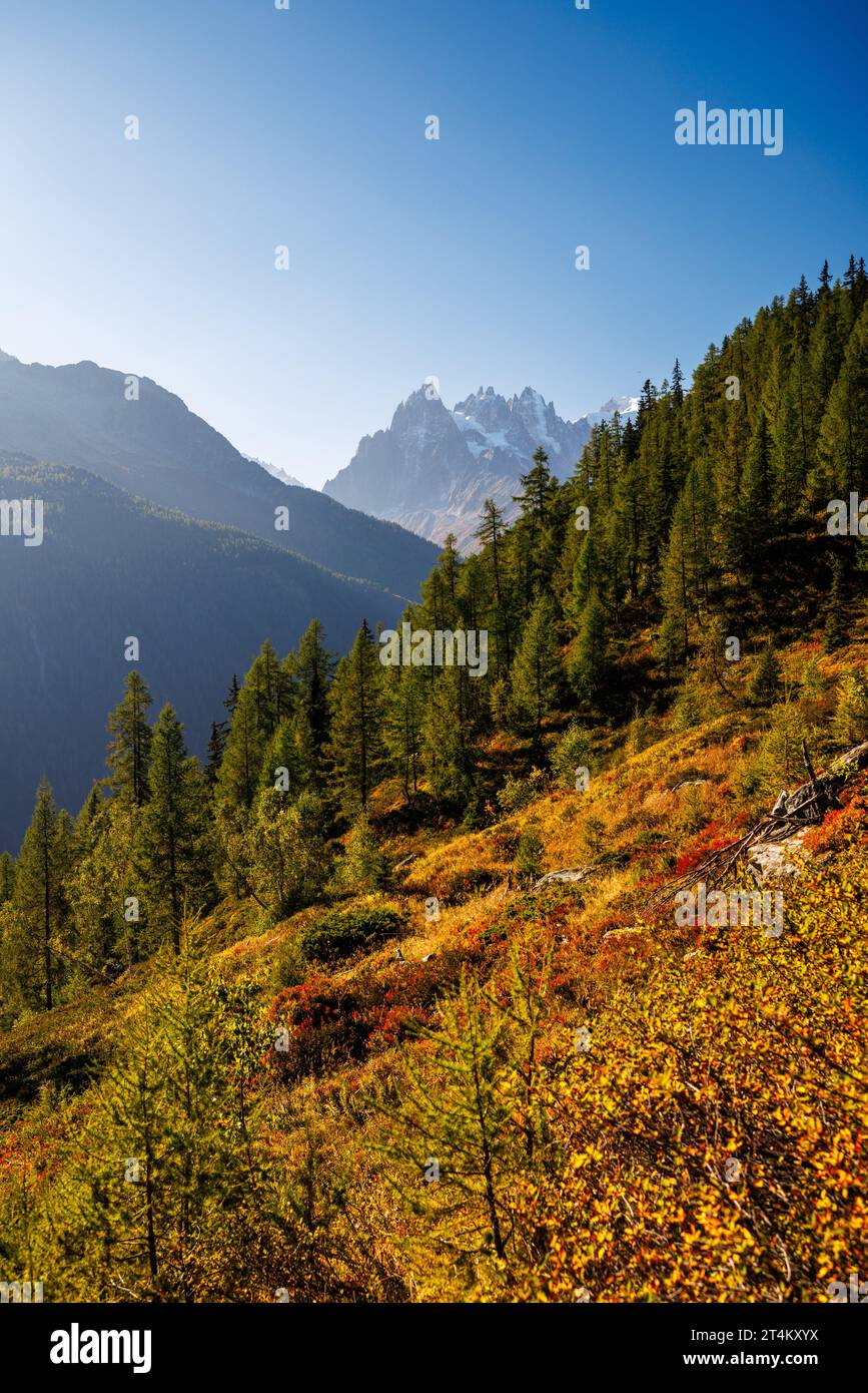 Blick vom Balcon Sud in Richtung Aiguille du Midi in Chamonix im Herbst Stockfoto