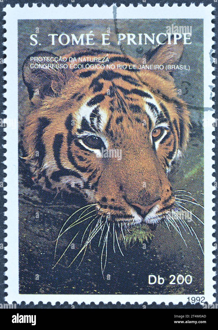 Gestempelte Briefmarke von São Tomé und Príncipe, die Tiger (Panthera tigris), UN-Konferenz für Umweltentwicklung Rio, um 1 zeigt Stockfoto