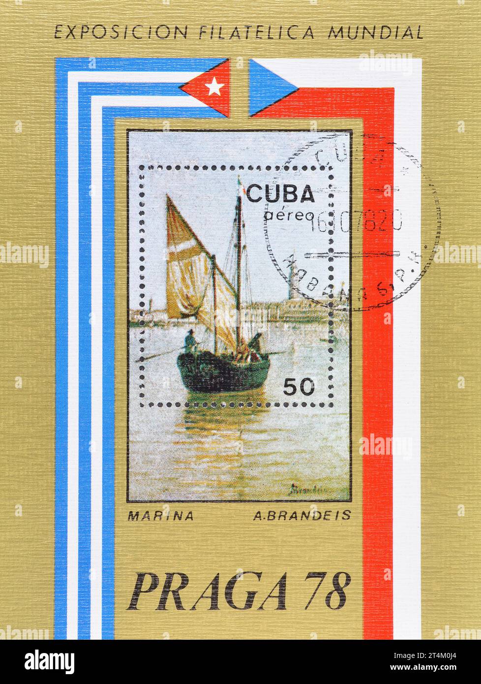 Souvenirbogen mit gestempelter Briefmarke, gedruckt von Kuba, auf der Ein .Brandeis steht. 'Barca da Pesca, Venezia', PRAGA'78, um 1978. Stockfoto