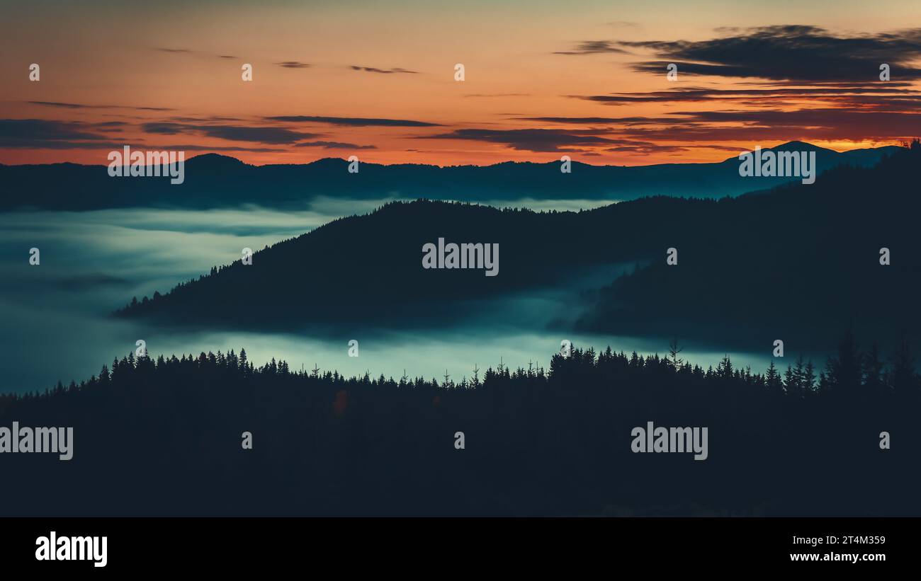 Sonnenaufgangsmeer aus Nebel, das sich über die Bergkette bewegt, alpen-Silhouette mit Pinienwald aus der Vogelperspektive. Wilde Natur Nebellandschaft. Dramatische dunkle Wolken schweben im orangefarbenen Himmel Stockfoto