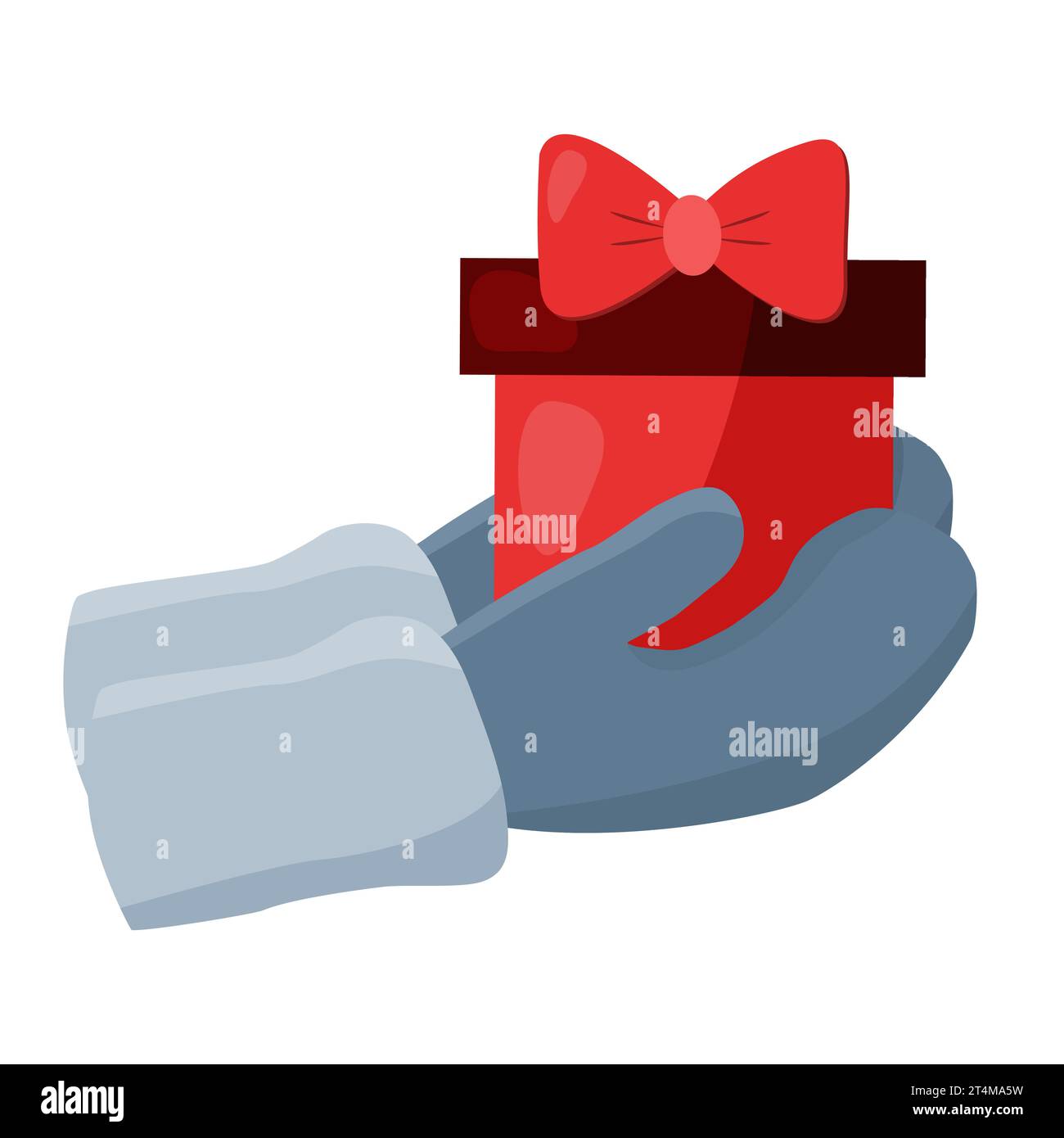 Hände im Fäustling halten rote Geschenkbox mit Schleife, Vektor-Illustration Stock Vektor