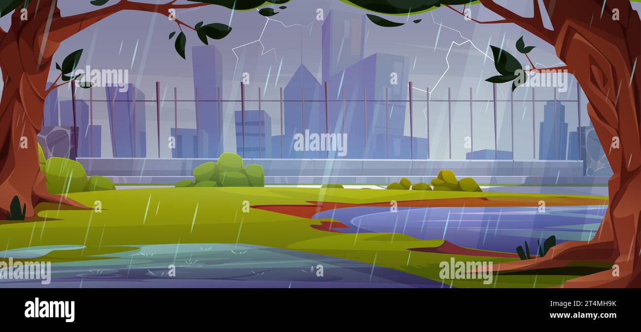 Regen im Stadtpark mit Zaun und See Cartoon Hintergrund Szene. Sommer öffentlicher Straßengarten in der Nähe des Gebäudes in der Stadt bei regnerischem Wetter mit Blitz. Gewitter im urbanen Outdoor-Design Stock Vektor