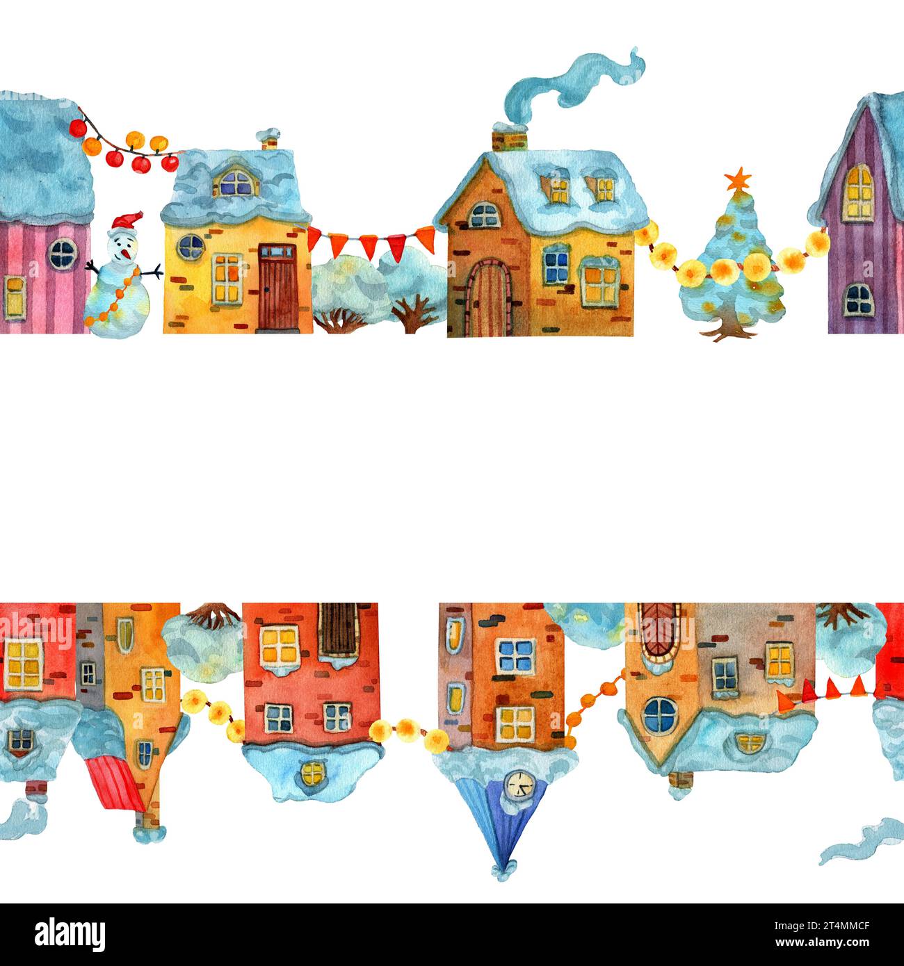Aquarell gezeichnete mittelalterliche Winterhäuser in einer Reihe. Illustration der europäischen Altstadt. Design für Touristenwaren, Geschenkpapier, Urlaubsdekor. Hintergrund Stockfoto