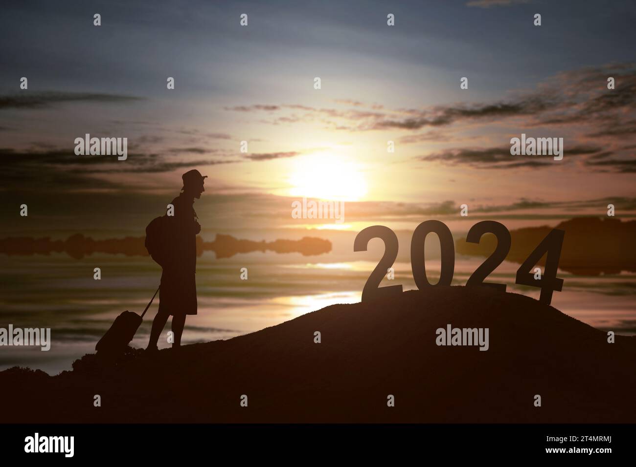 Silhouette eines Reisenden mit Rucksack und Koffer auf dem Hügel 2024. Frohes Neues Jahr 2024 Stockfoto