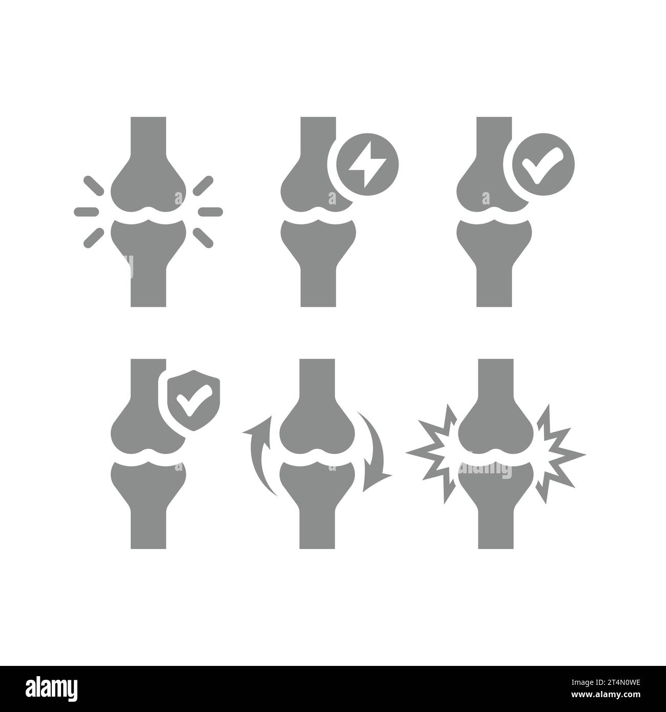 Vektorsymbole für menschliche Knochengelenke. Gelenkschmerzen, Entzündungen und Arthrose Ikonen. Stock Vektor
