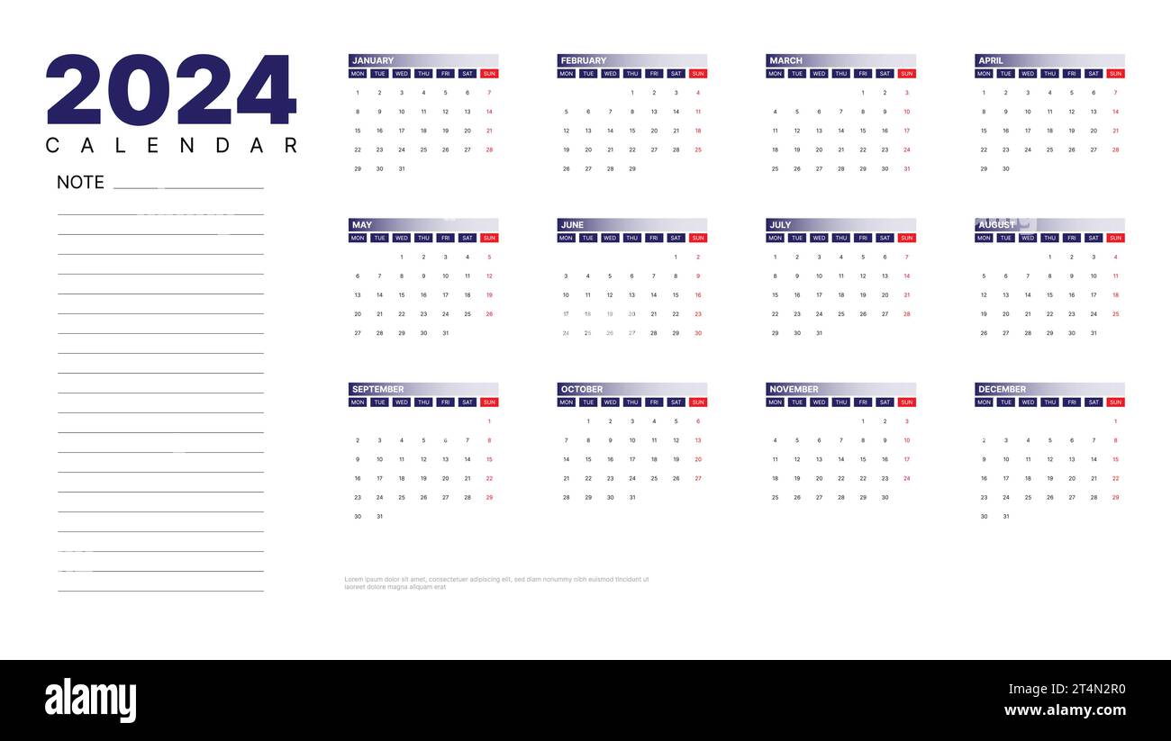 2024 Kalendervektordesign, indem die Woche mit montag beginnt Stock Vektor