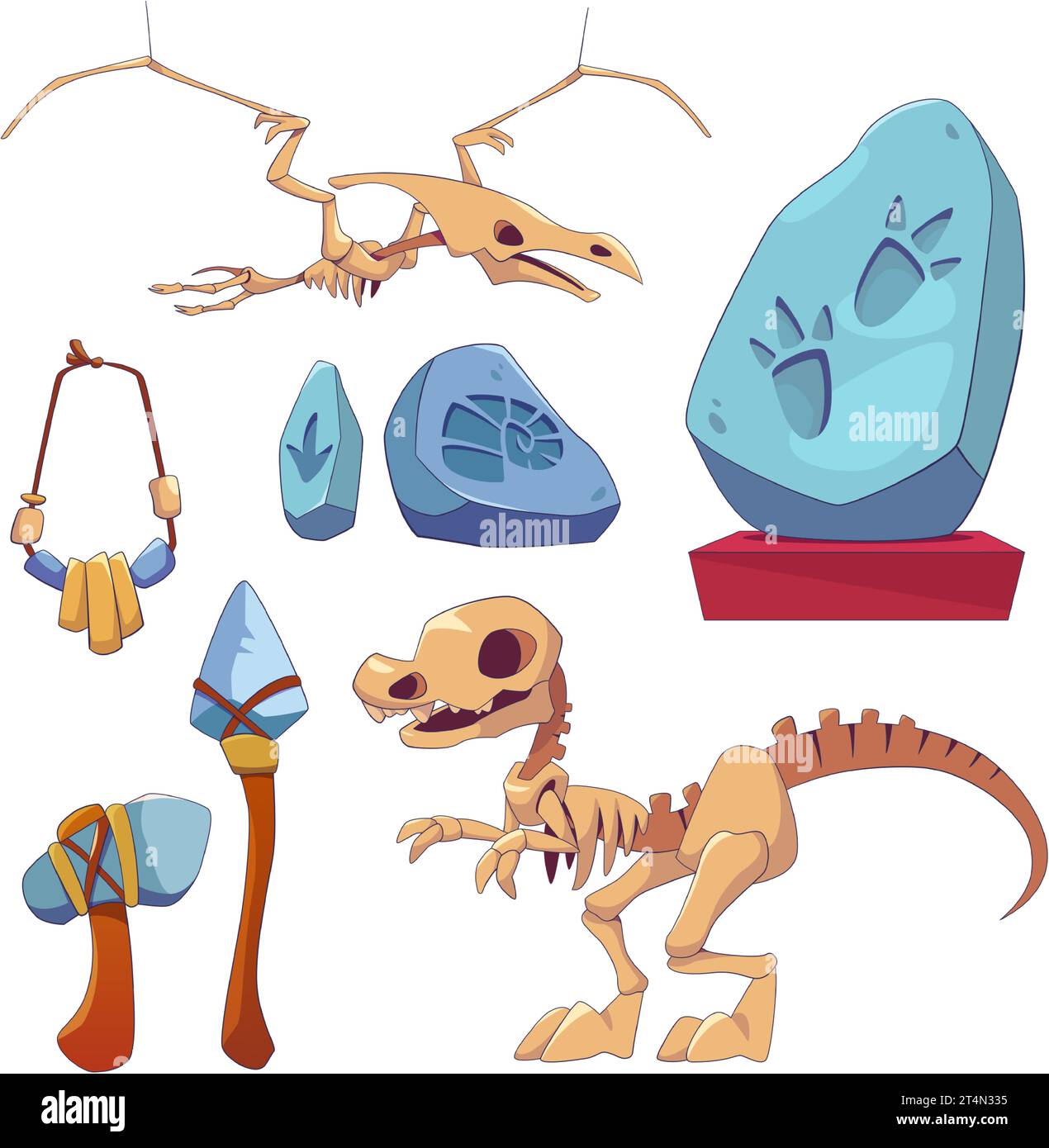 Historisches archäologisches Museum Elemente Set. Cartoon Vektor-Illustrationen von Dinosaurierskeletten, Fußabdrücke prähistorischer Tiere und Ammoniten in Stein, Werkzeuge und Schmuck von alten Menschen. Stock Vektor Historisches archäologisches Museum Elemente Set. Cartoon Vektor-Illustrationen von Dinosaurierskeletten, Fußabdrücke prähistorischer Tiere und Ammoniten in Stein, Werkzeuge und Schmuck von alten Menschen. Stock Vektor