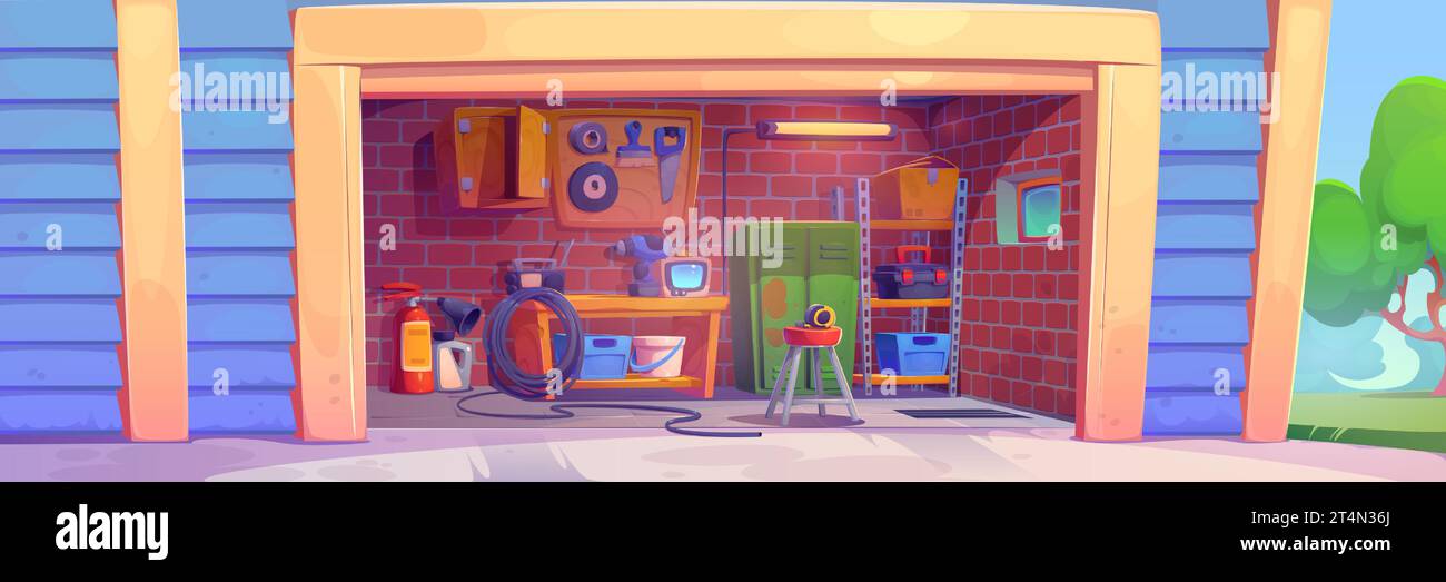 Garagenraum mit Möbeln und Instrumenten. Vektor-Karikaturillustration der Heimwerkstatt mit Reparaturausrüstung auf Holzbrett, altes fernsehen und Radio auf dem Schreibtisch, Metallschließfach, grüner Hinterhof Stock Vektor