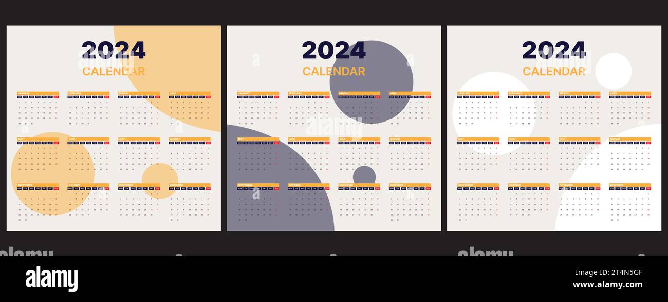 Satz von 2024 Kalendervektordesign mit drei Optionen Farbthema Stock Vektor