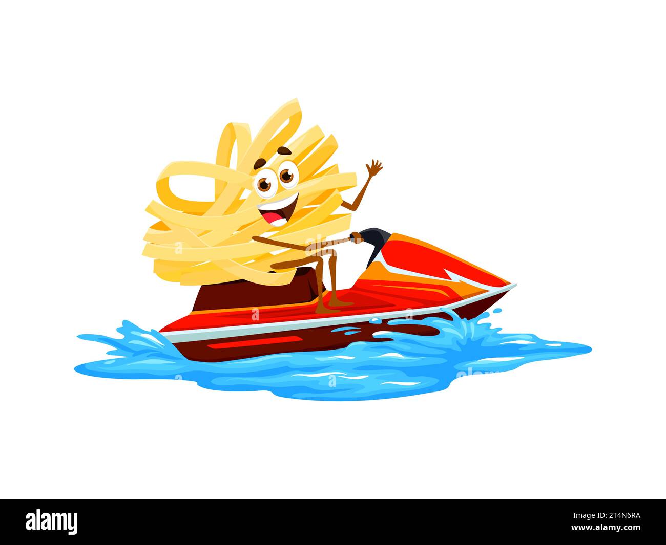 Cartoon Fettuccine Charakter reitend Jet Ski auf Meereswellen, Vektor Sommer Strand Urlaub. Italienische Pasta-Persönlichkeit winkt die Hand mit fröhlichem, lächelndem Gesicht. Makkaroni-Charakter, der die Fahrt mit dem Wasserroller genießt Stock Vektor