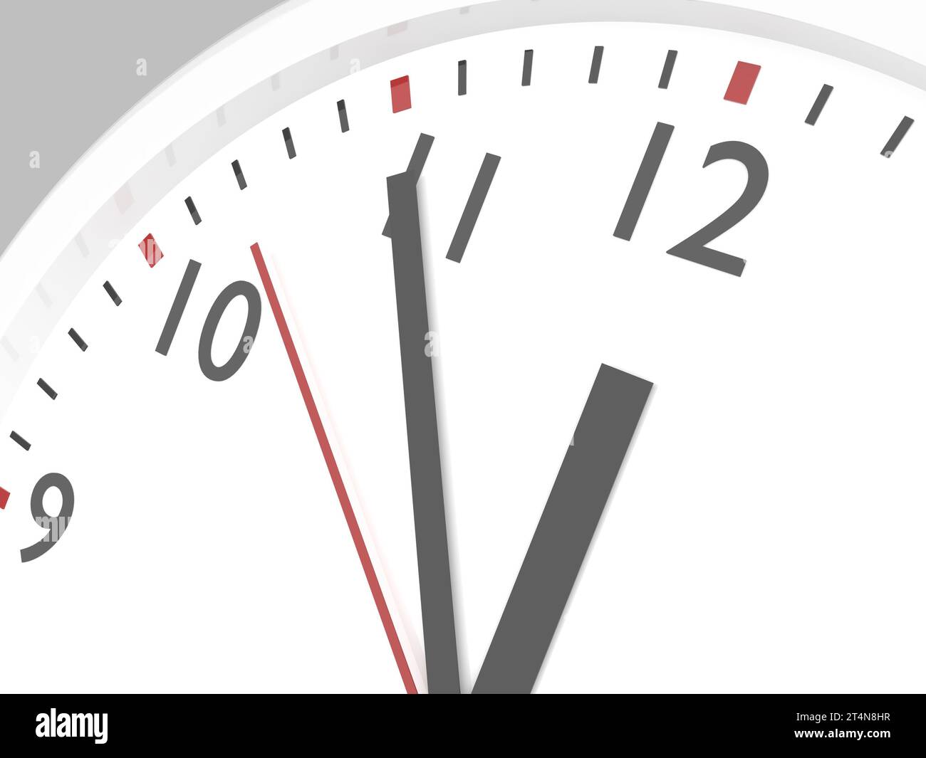 Nahaufnahme Eines einfachen Zifferblatts mit Stunden- und Minutenzeigern, die sich Mitternacht oder zwölf Uhr nähern. 3D-Abbildung. Stockfoto
