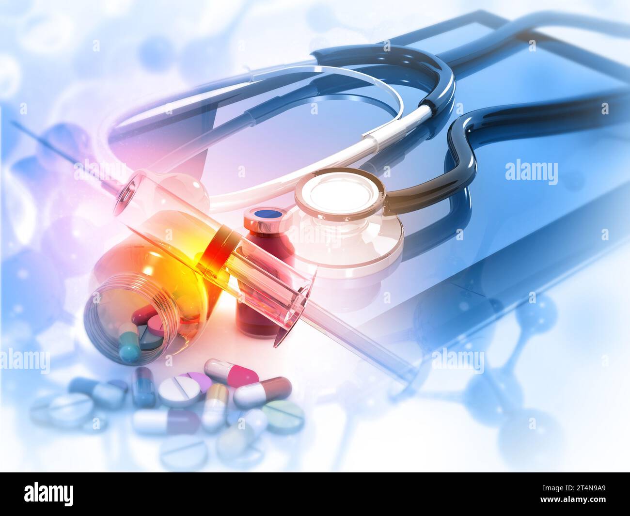 Stethoskop und Arzneimittel auf wissenschaftlichem Hintergrund. 3D-Abbildung Stockfoto