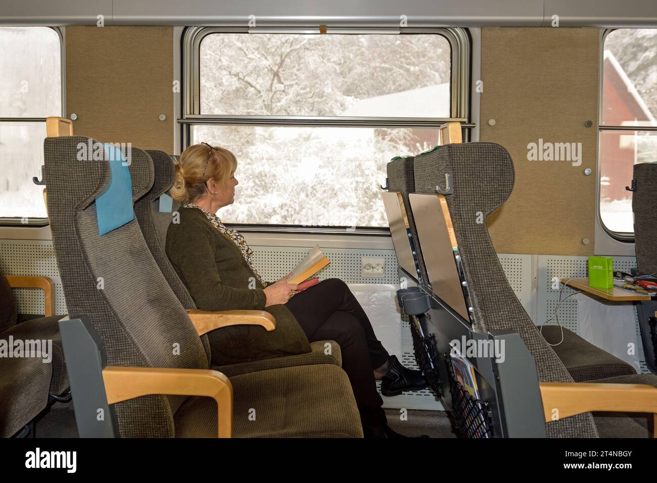 Eine Zugfahrerin, die ein Buch liest, im Winter draußen in Schweden Stockfoto