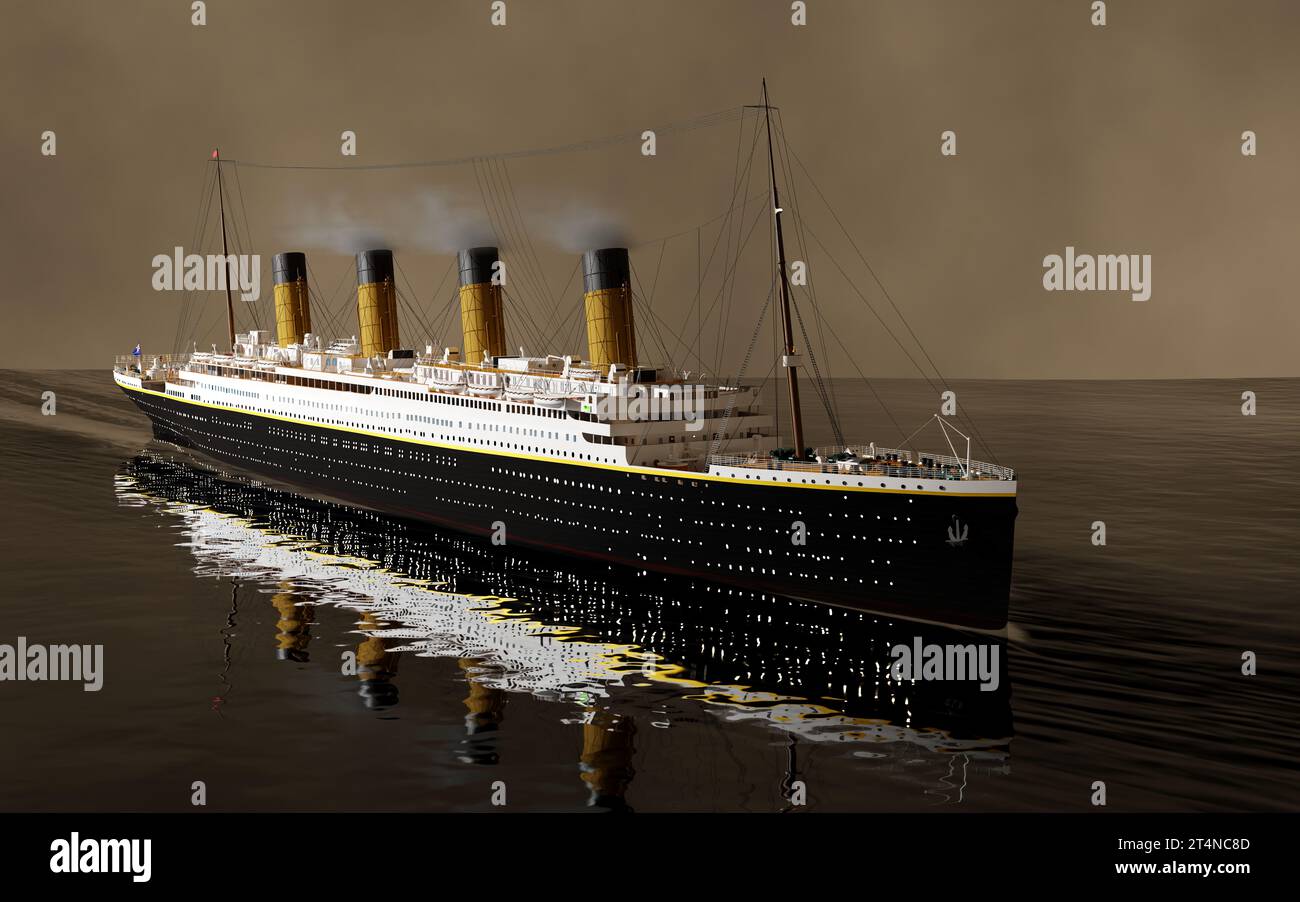 Steamboat Ocean Liner allgemeine Ansicht am Abend mit rauchenden Schornsteinen 3D-Renderbild in HDR Stockfoto