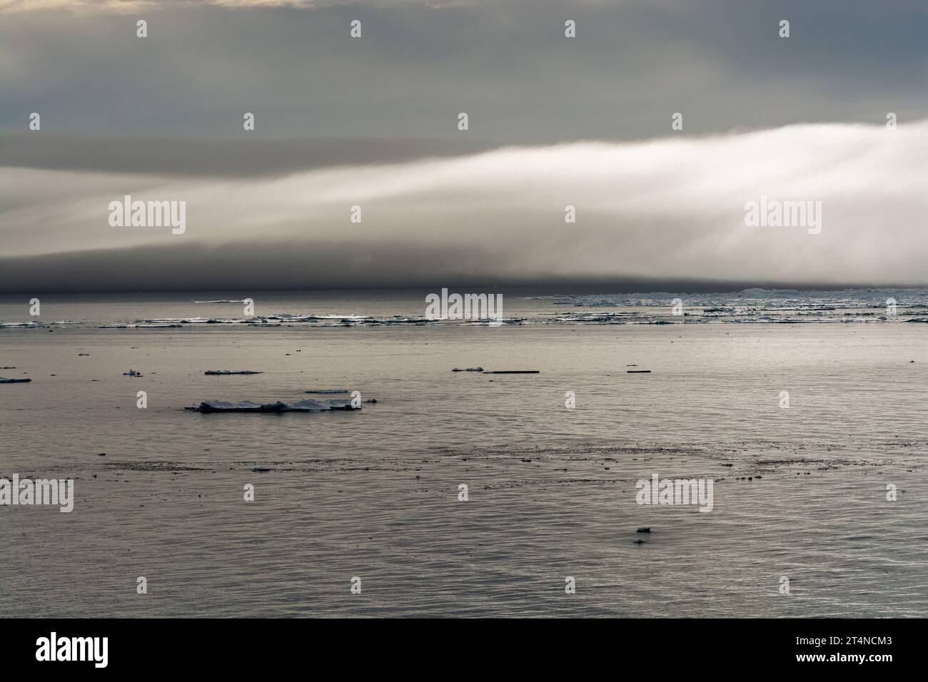 Niedrige Wolke bedeckt eiskaltes Wasser in der Nähe der Hope Bay. antarktische Halbinsel. antarktis Stockfoto