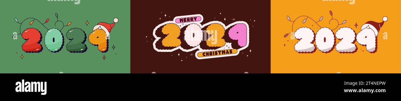 Weihnachtliches Poster-Set mit Text 2024. Noel Hut und Girlande. Stock Vektor