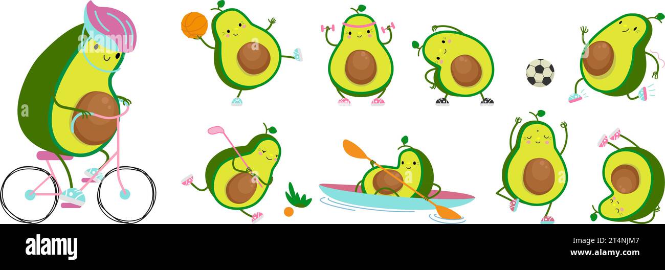 Avocado beim Yoga und Fitnesstraining. Isolierte Avocados-Zeichentrickfiguren, spielen Basketball, Fußball und Golf. Aktiver Lebensstil heute Vektor Stock Vektor