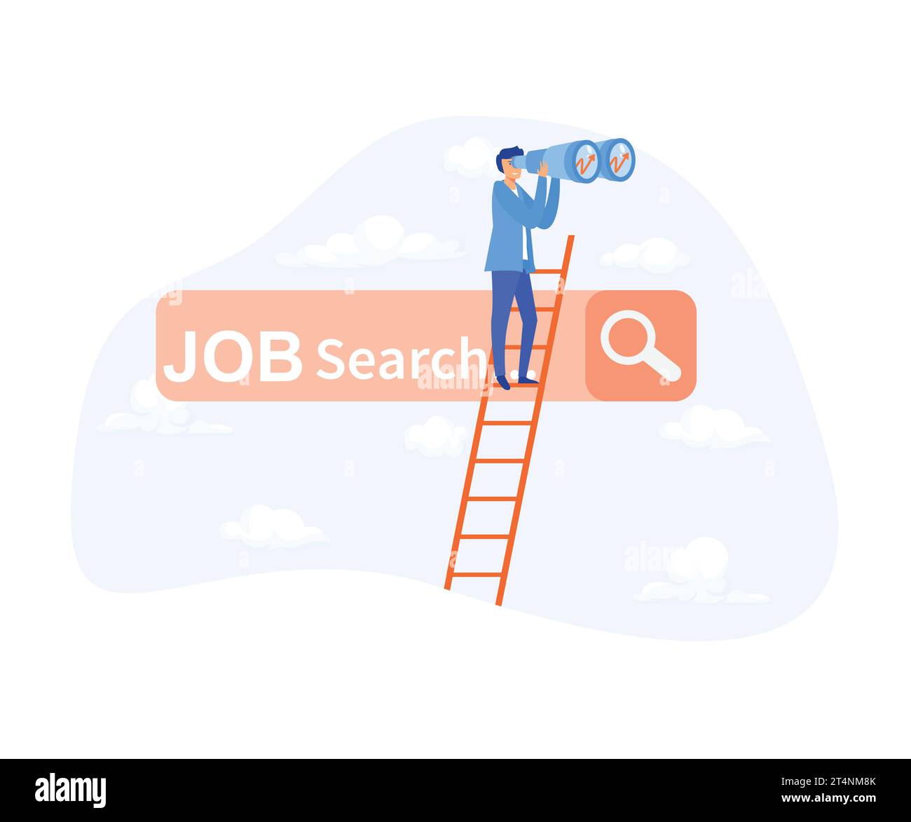 Auf der Suche nach einem neuen Job, finden Sie Gelegenheit, Geschäftsmann klettern eine Leiter auf der Jobsuchleiste mit Fernglas, um Gelegenheit zu sehen, flache Vektor moderne Illustration Stock Vektor