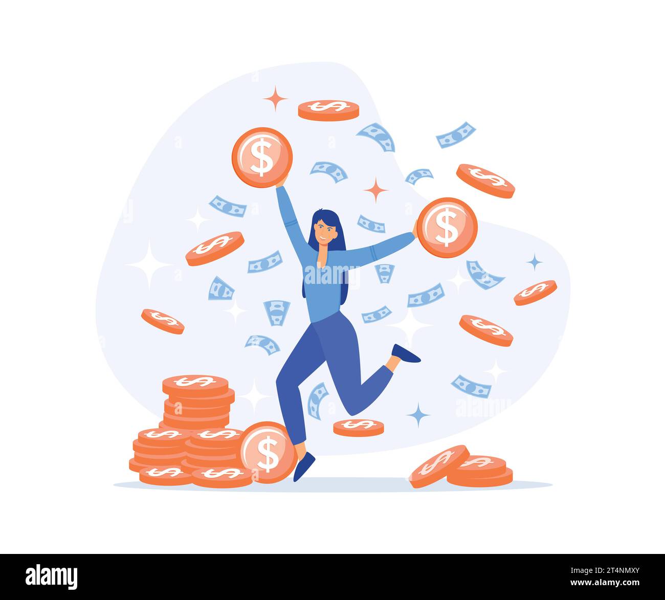 Glückliche Frau, die Geld bekommt. Person, die Geld spart, Gewinn oder hohes Einkommen erhält, flache Vektor-moderne Illustration Stock Vektor