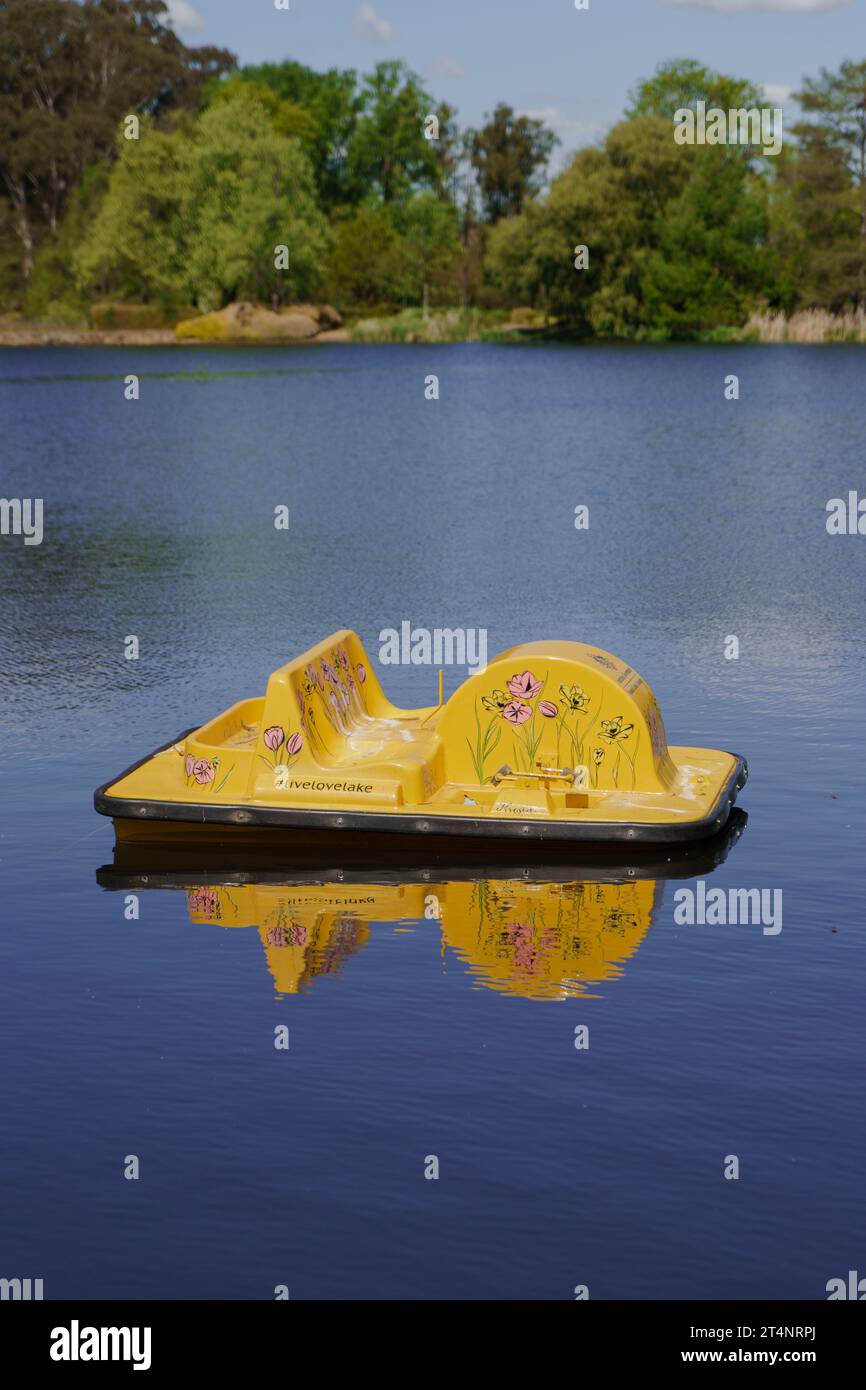 Gelbes Paddelboot auf dem See Stockfoto
