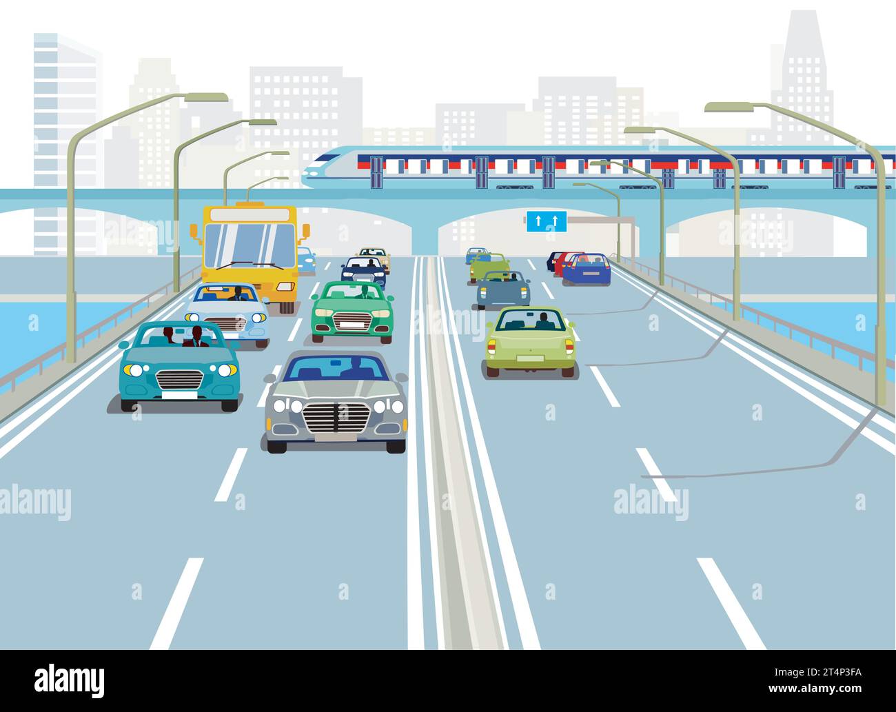 Autobahn mit Lkw und Pkw, Illustration Stock Vektor