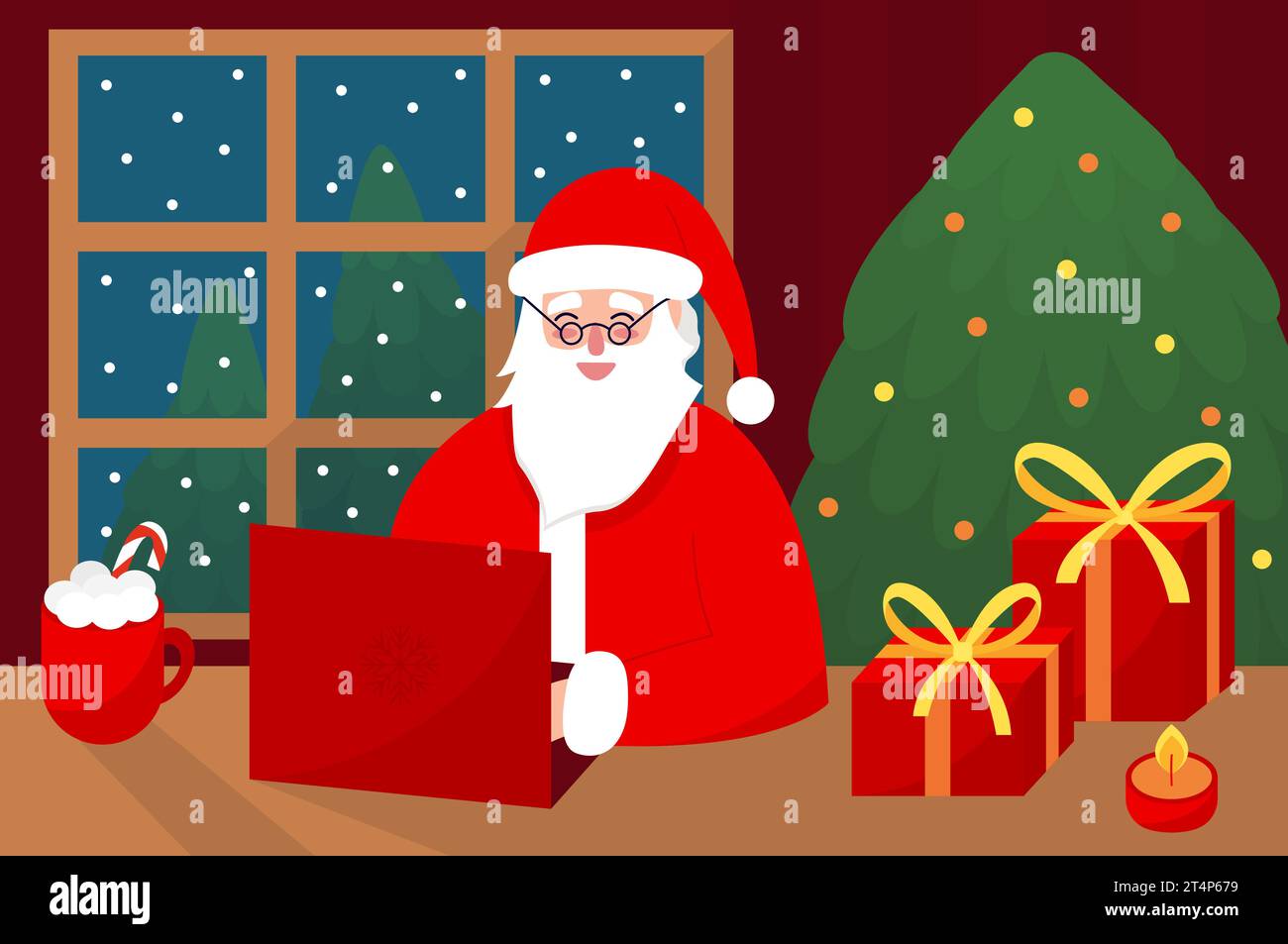 Weihnachtsmann arbeitet zu Hause am Computer Stock Vektor